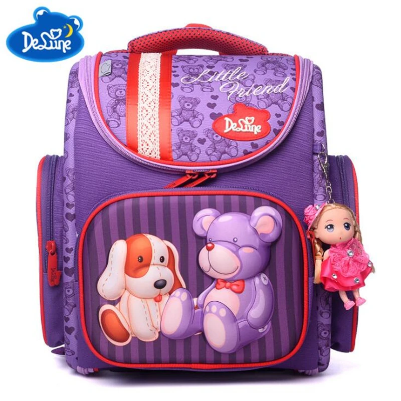 

DELUNE Children Cartoon 3D purple Bears Pattern Girls School Bags Waterproof Foldable Orthopedic School Backpacks escola mochila