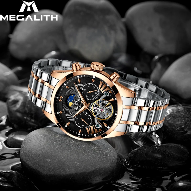 

MEGALITH Luxury Automatic Mechanical Watch Men Waterproof Luminous Steel Date Week Watch Men Sport Casual Tourbillon Wristwatch