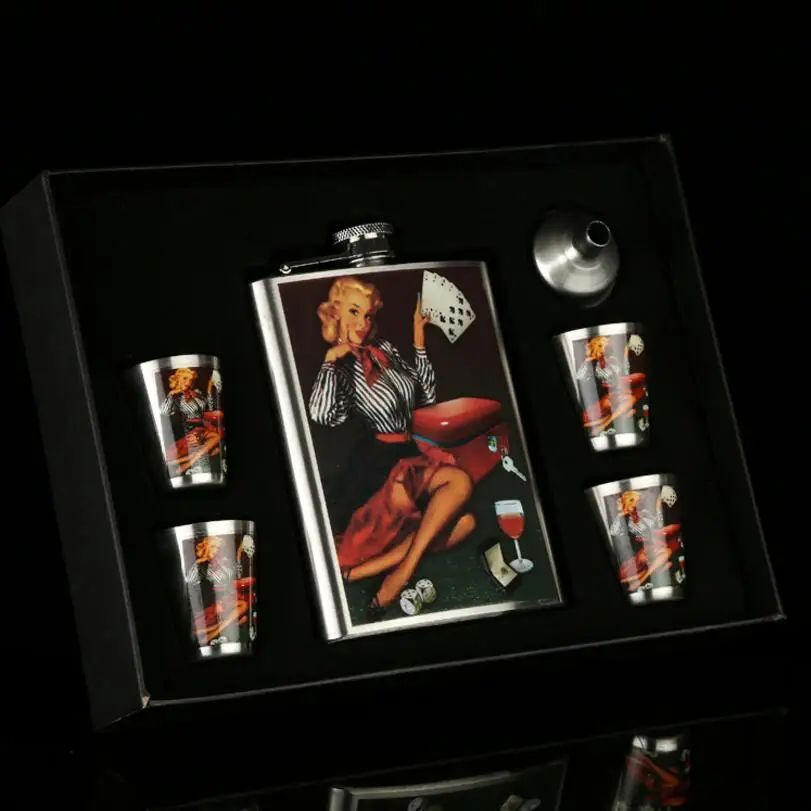 Фляга из нержавеющей стали фляжки для ликера Подарочный набор с бонусной воронкой и рюмками и подарочной коробкой(00411 - Цвет: Poker girl