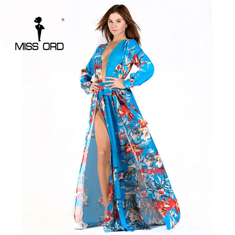 

Free shipping Missord 2019 Sexy V-neck Long Sleeve split printing dress beach dress FT2294