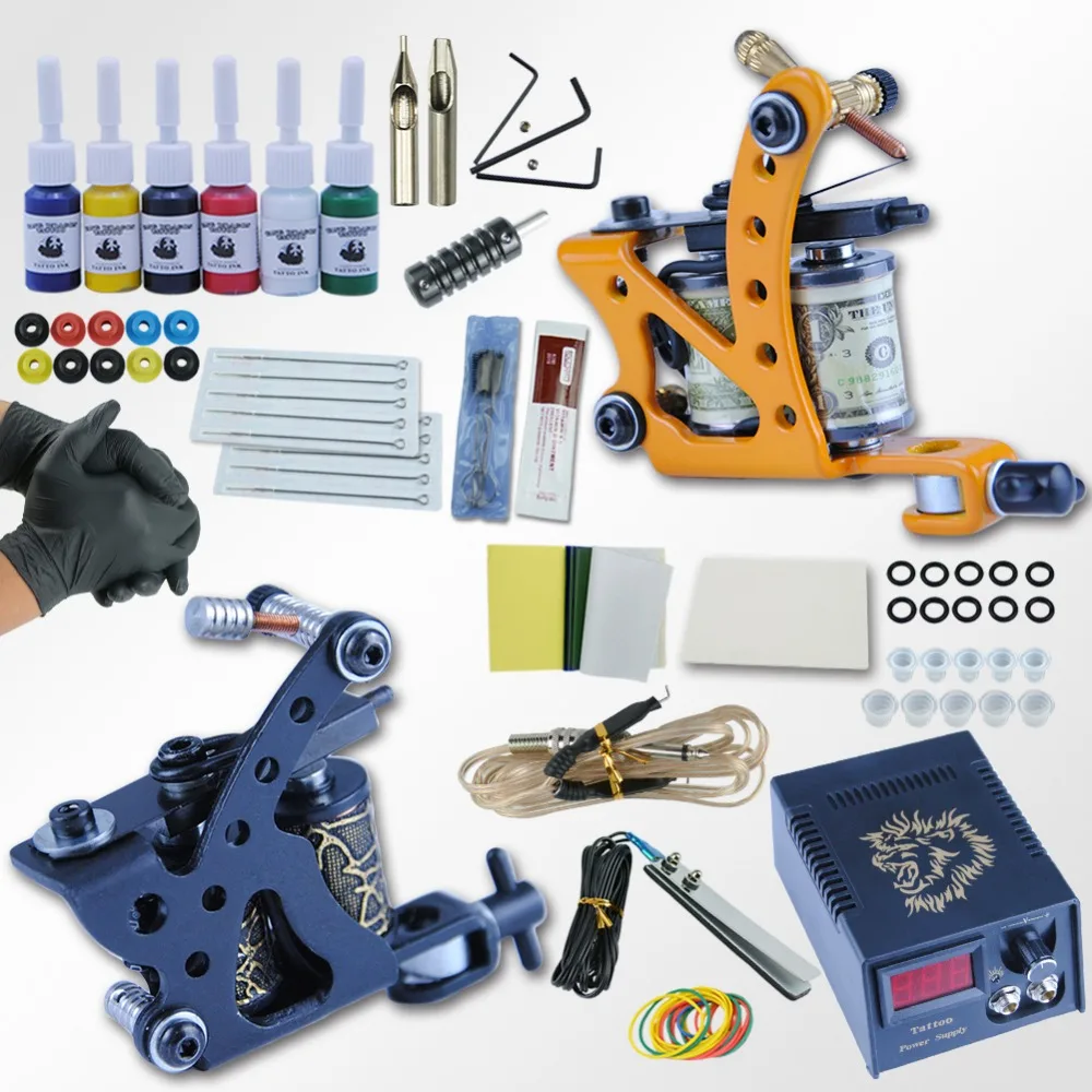 

Tattoo Kit 6 Colors Tattoo Ink Sets 2 Machines Set Black Power Supply Needles Permanent Make Up Professional Tattoo Kit Set