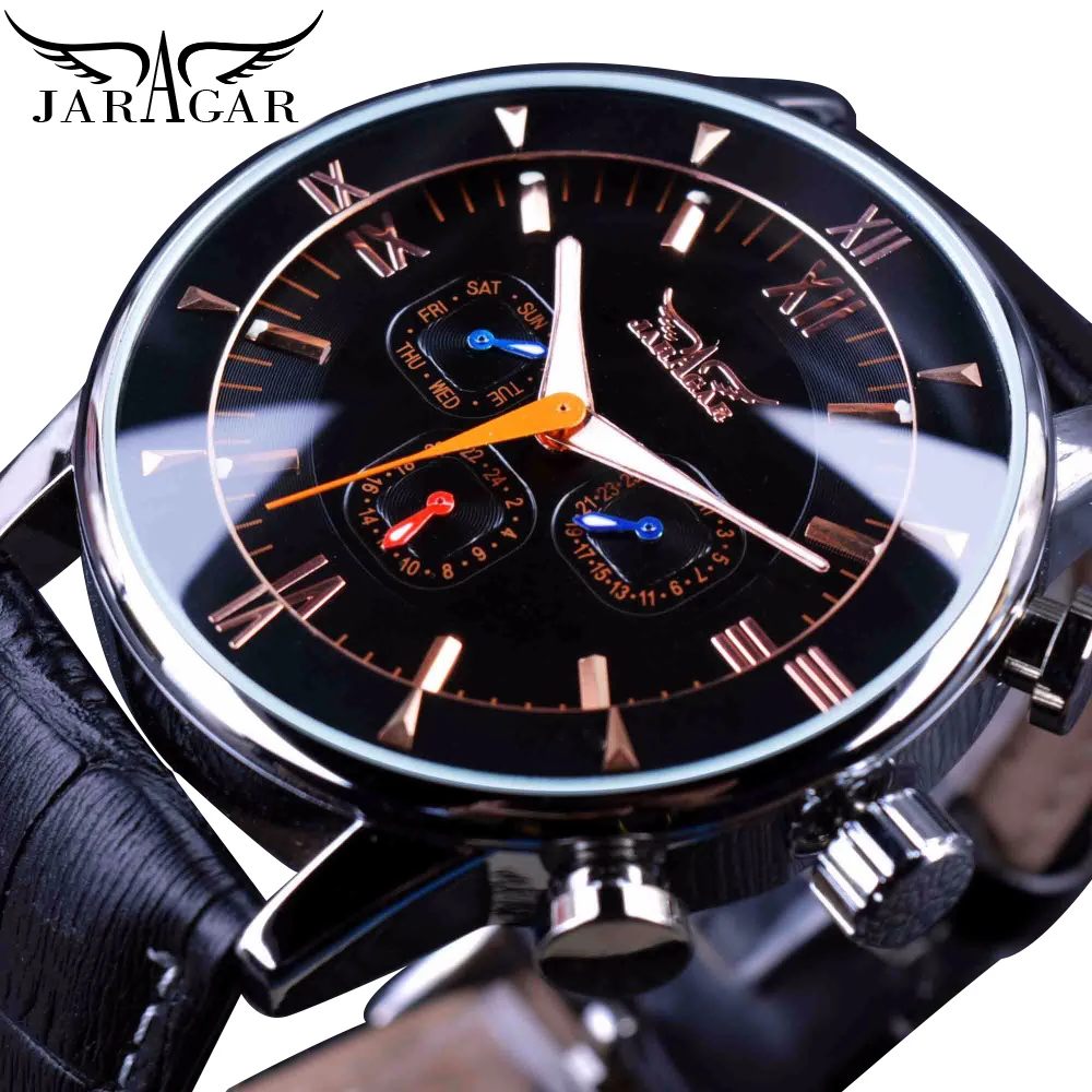 

JARAGAR Classic Automatic 6 Hands Calendar Luminous Hands Black Leather Band Mens Watches Business Luxury Mechanical Male Clock