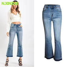 Женская одежда с высокой талией эластичные потертые джинсовые Капри женские брюки клёш повседневные винтажные тонкие Стрейчевые хлопковые джинсы AM042
