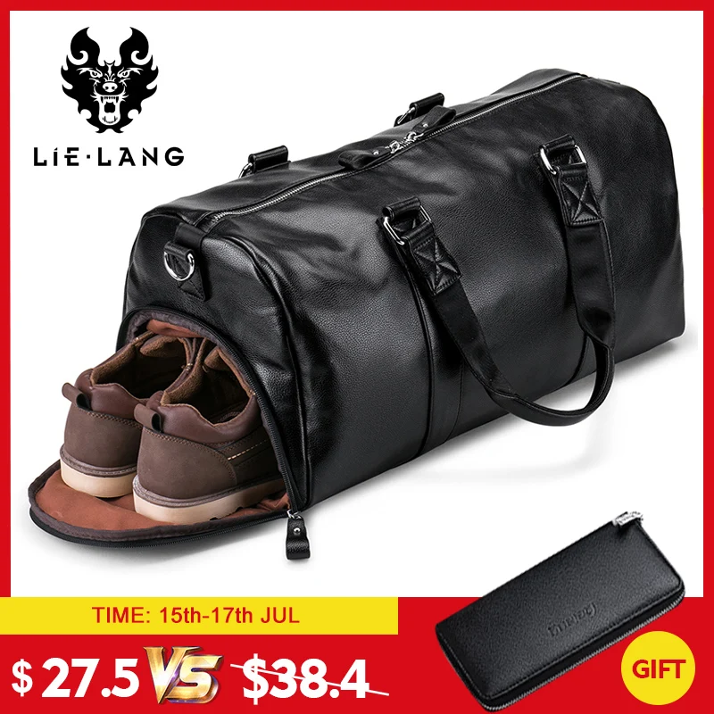 LIELANG Men's Black handbag Travel Bag Waterproof Leather Large
