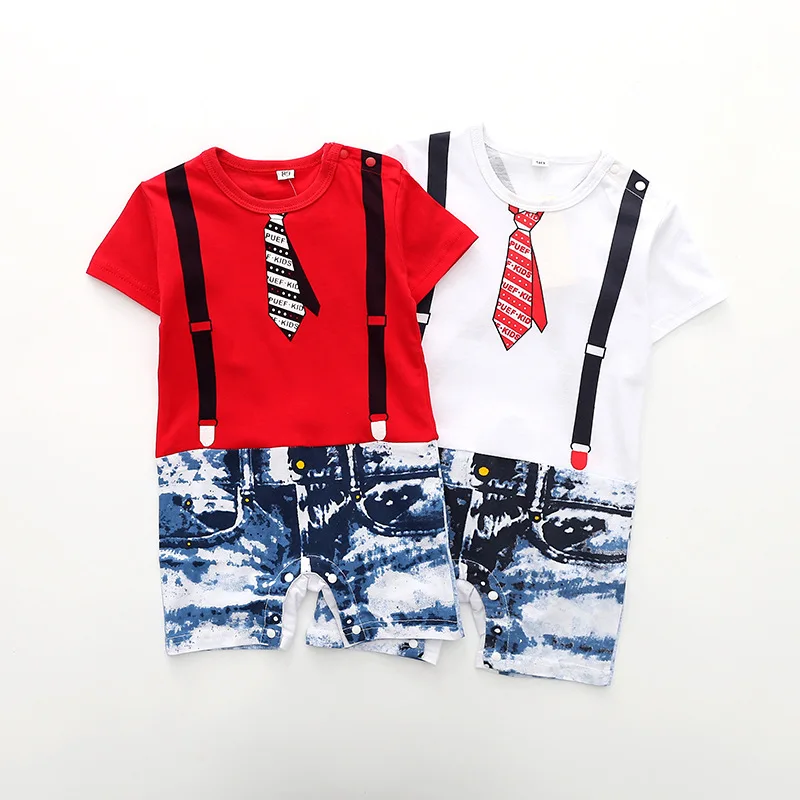 2018 Summer baby boys printed tie rompers fashion gentlmen climbing