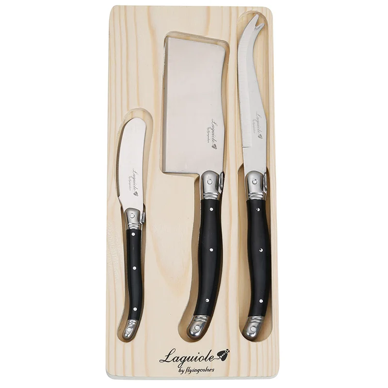 Buy 3pcs/set Laguiole Style Cheese Spreader Knife Fork Set Black Handle Cheese