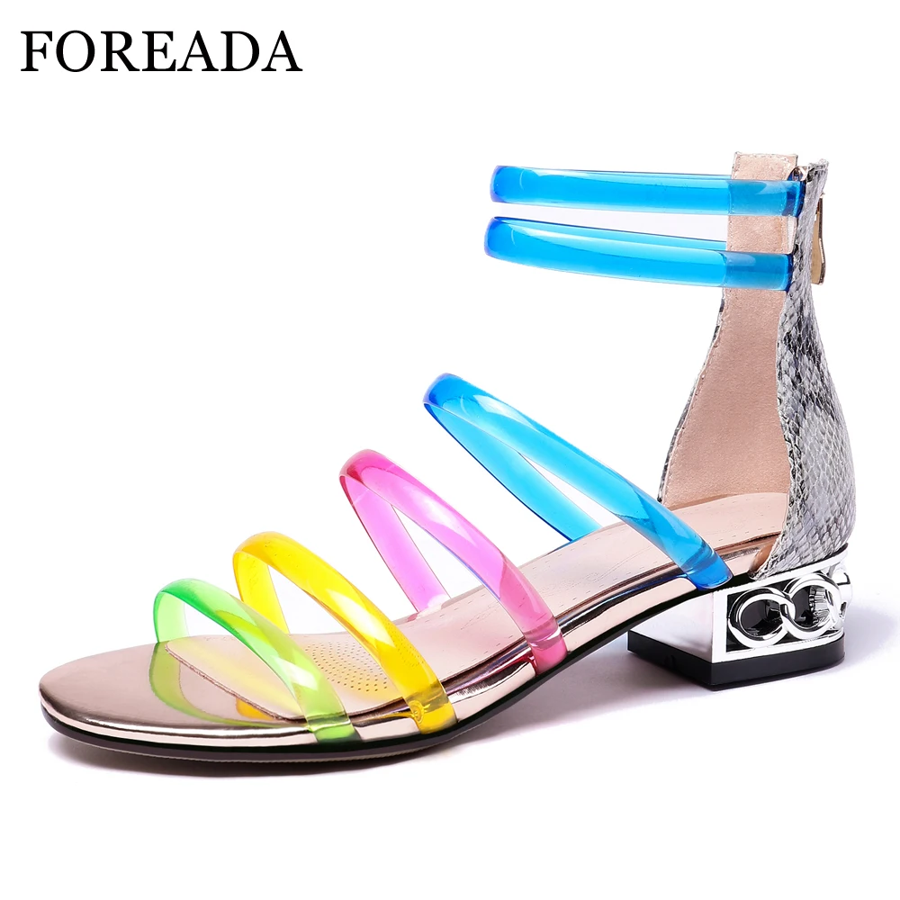 

FOREADA Summer Shoes Women Sandals Snake Print Chunky Heel Ankle Strap Shoes Zip Mixed Colors Fashion Sandals Ladies Big Size 43