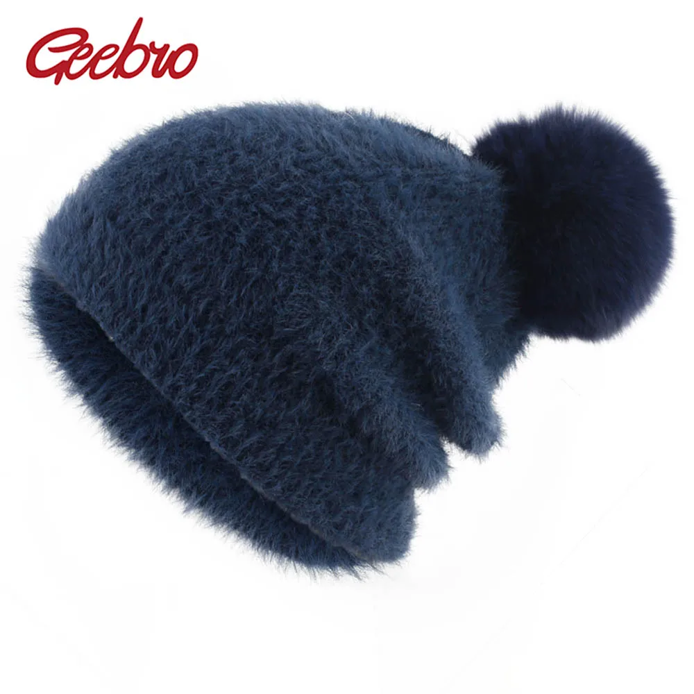 Geebro женская зимняя шапка новая шерстяная теплая объемная шапка для женщин женская шапка Skullies с помпоном из натурального Лисьего меха DQ838