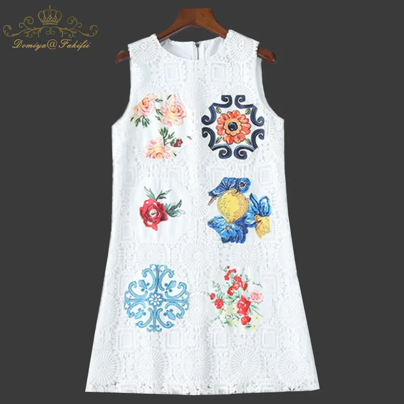 

2018 Brand Summer Runway Tank Dress Women's High Quality Fashion Applique White Lace Dresses Luxury Girl Dress Family Clothes