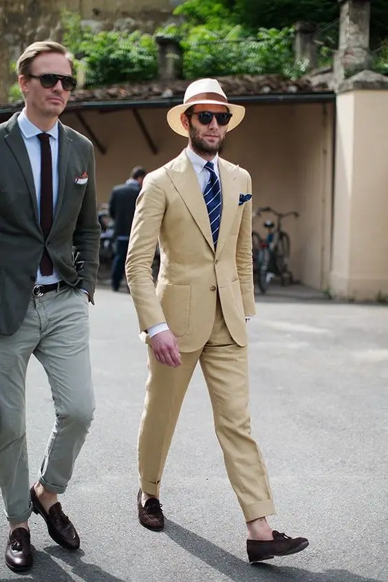 Latest Coat Pant Design Khaki Beige Linen Beach Men Suit