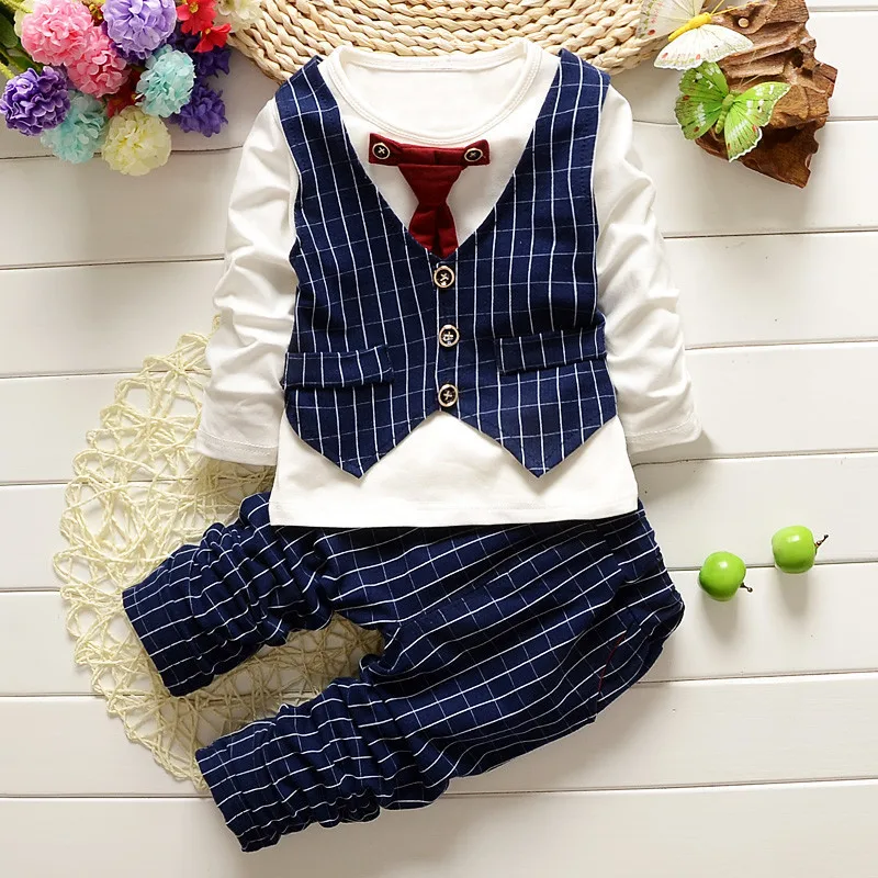 

Baby Boy Clothes 2018 Autumn Plaid Leisure Long Sleeved T-Shirt + Pants Gentleman Infant Clothing Kids Bebes Jogging Suits