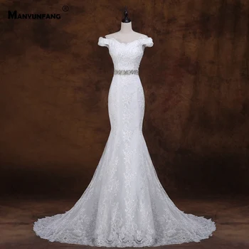 

Real Image Boat Neck Vestidos Novia Cap Sleeves Gelinlik 2019 Trumpet Mermaid Matrimonio Crystals Sashes Sexy Wedding Dress