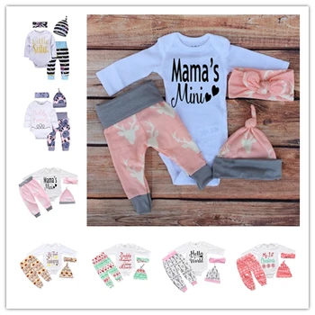 

New arrival newborn ins girls letters long sleeve romper + animal print pant + hat + headband 4pcs baby clothing set wholesale