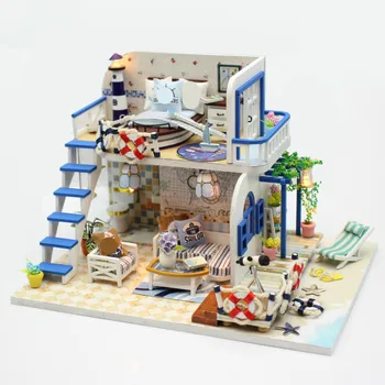 

Hand-assembled mini-villa model wooden DIY cabin creative gift DIY blue loft