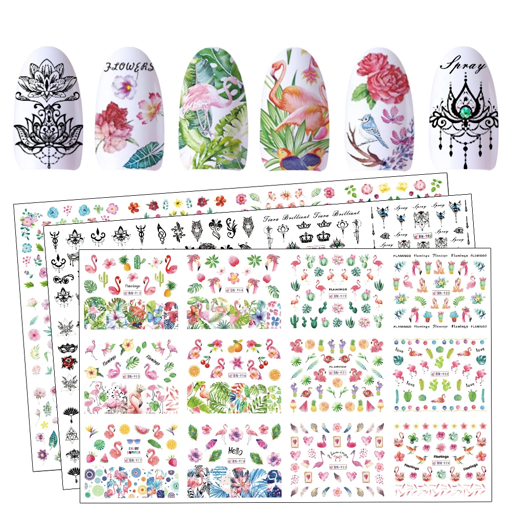 

12 Designs Flamingo Water Transfer Stickers Decals Floral Jungle Nail Slider Tattoos Butterfly Manicure Decor Tips BEBN913-984-1