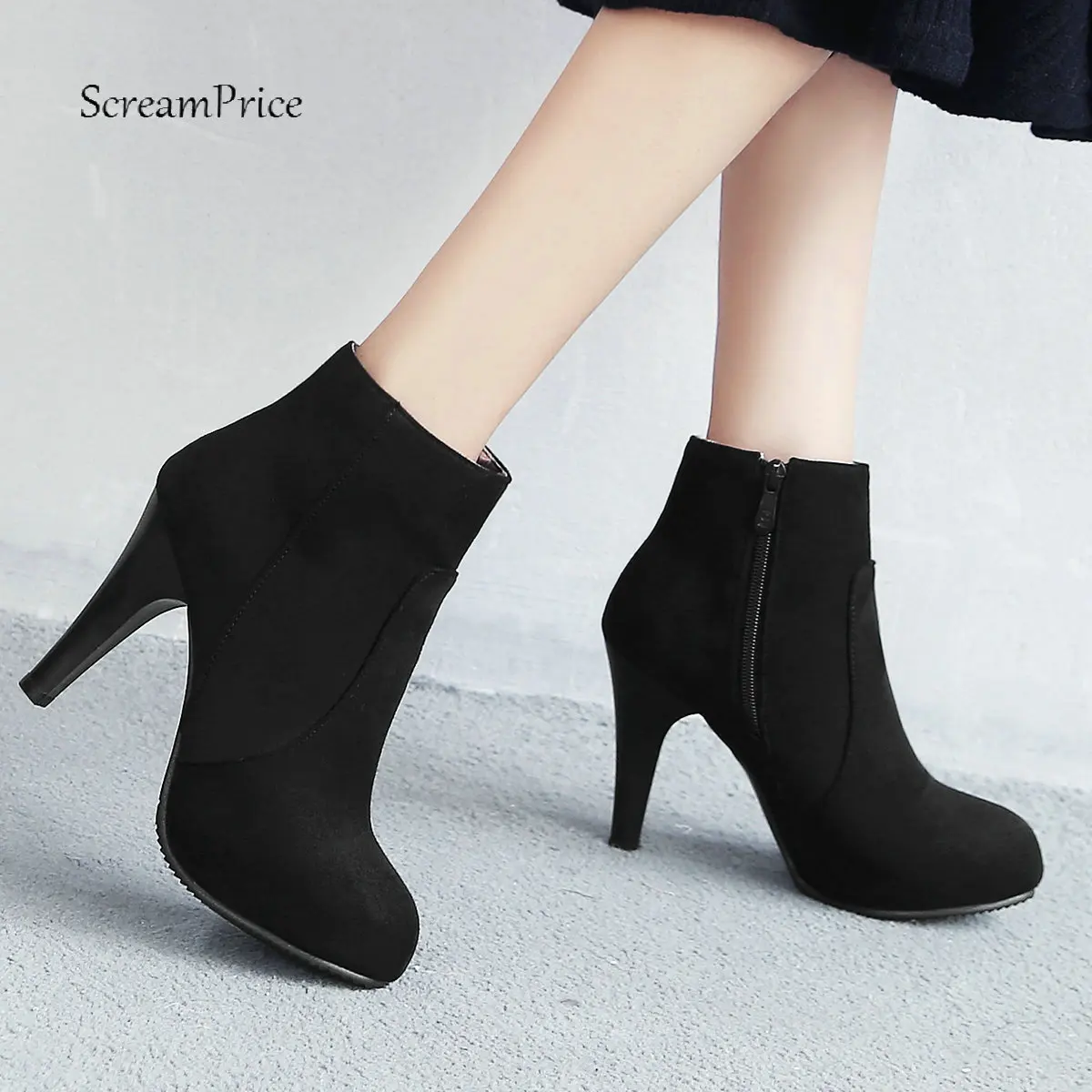 

Women Boots Flock High Heels Ankle Boots Round Toe Zipper Fashion Boots Autumn Winter Plus Size Woman Shoes 2018 Blue Red Black