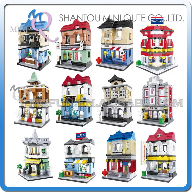 

Mini Qute HSANHE 12 styles Tax Bureau Bank Restaurant Hotel Chateau diamond plastic building blocks model brick educational toy