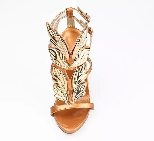Популярные женские сандалии на высоком каблуке-шпильке с золотыми листьями лакированная кожа открытый носок сандалии гладиатора босоножки обувь для вечеринок