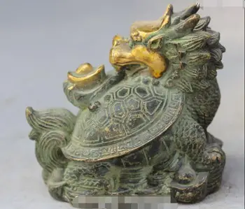 

Old Chinese Bronze Gilt Wealth Yuanbao Dragon Turtle Dragons Tortoise Statue