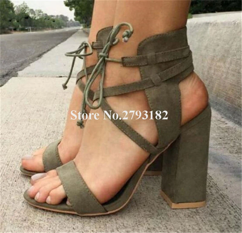 Sandalias de con punta abierta para zapatos de tacón de cuero de gamuza, con cordones, color azul, verde militar|Sandalias de mujer| - AliExpress