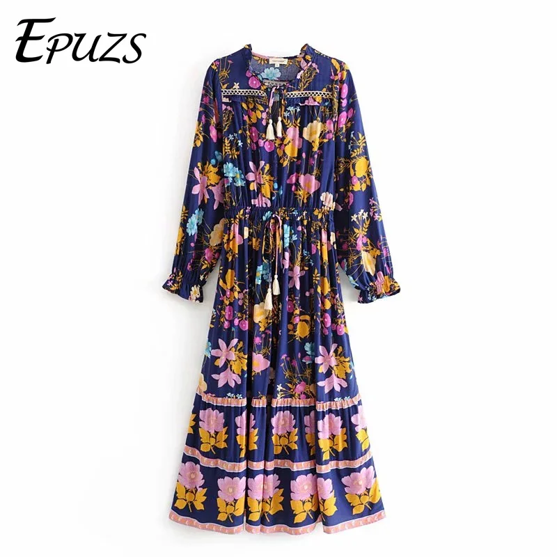 

Vintage bohemian floral Pleated long dress women long sleeve cotton beach Dress autumn chic boho dress retro ladies dresses