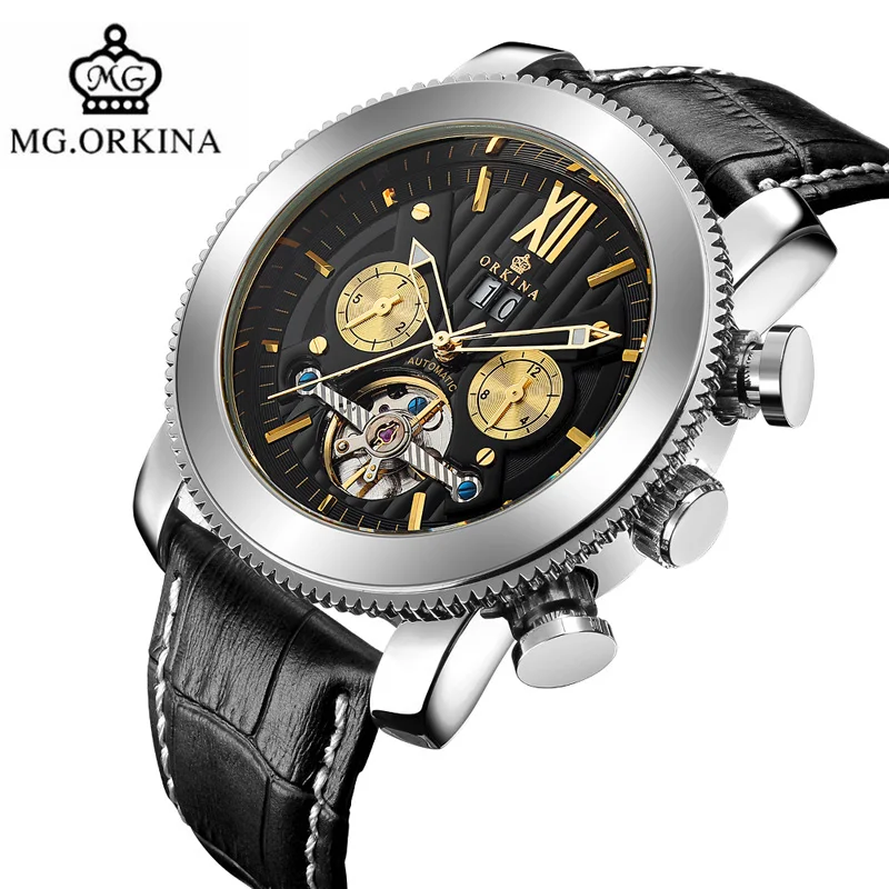

ORKINA Watch Men Top Brand Luxury Tourbillon Self-Wind Aviator Military Clock Automatic Men's Watch Genuine Leather Date Display