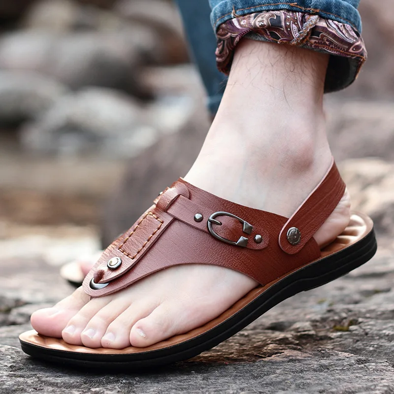 

2019 Men Flat Flip Flops Leather Flip-Flops Mens Slippers Casual Summer Shoes Fashion Beach Men'S Sandals Flip Flops 3437