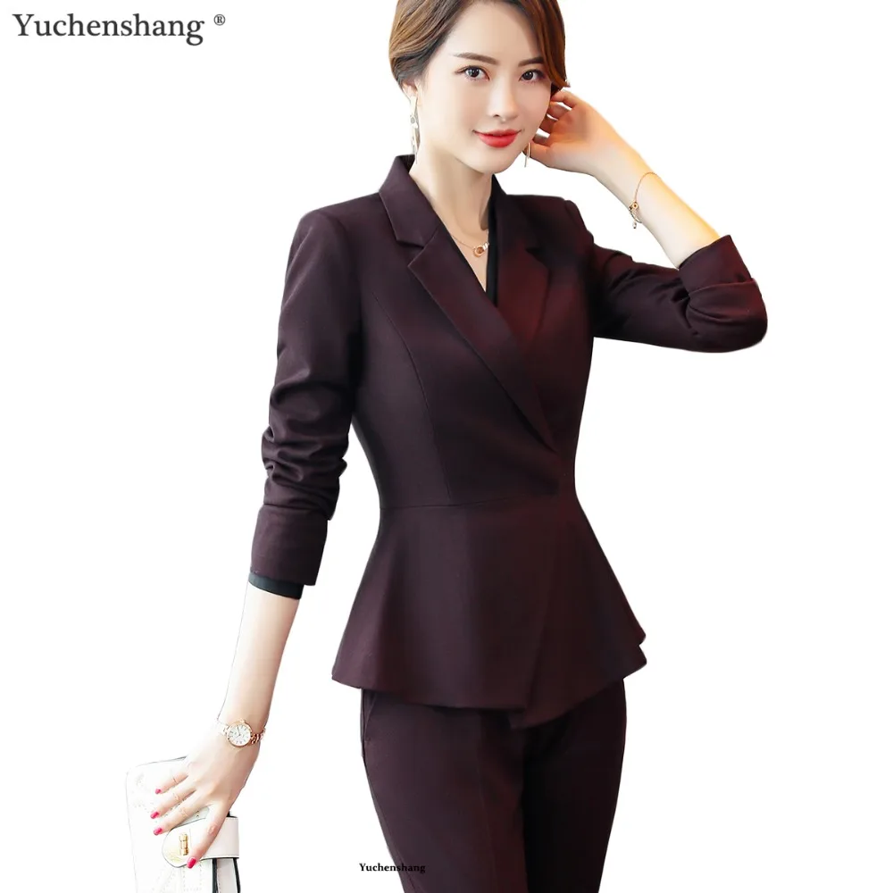 

High-quality Women Formal Pant Suit 2 Piece Set Office Lady Work Wear Uniform Designs Female Business Wine Jacket and Pant