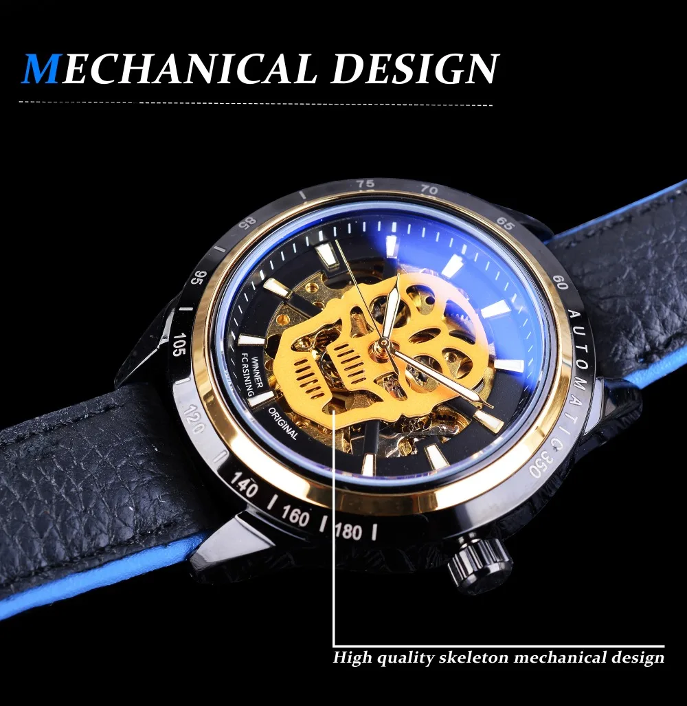 Forsining цвет: черный, синий из натуральной кожи Гонки Приключения серии череп Для мужчин автоматические часы лучший бренд класса люкс