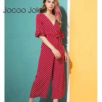 

Jocoo Jolee Tiered Flare Sleeve Surplice Wrap Polka Dot Jumpsuit V Neck Half Sleeve Sexy Jumpsuit Women Elegant Jumpsuit