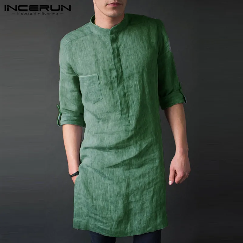 INCERUN Мужская рубашка с длинным рукавом и стоячим воротником, одноцветные повседневные топы, свободные Ретро удлиненные футболки, мужской индийский костюм S-5XL