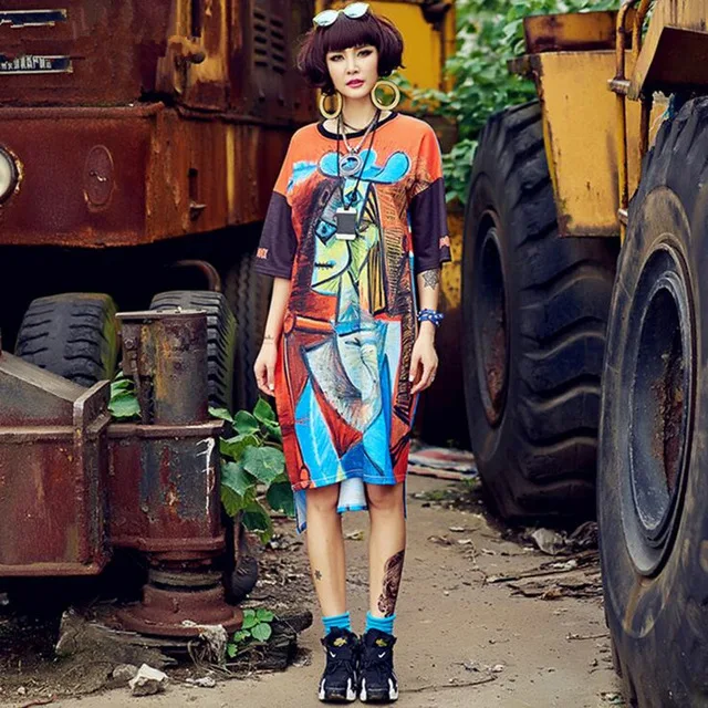 

New Streetwear Graffiti Painting Funny Women Dresses Loose Big Size Long T Shirt Dress Hip Hop Sexy Dancing Dress 20colors