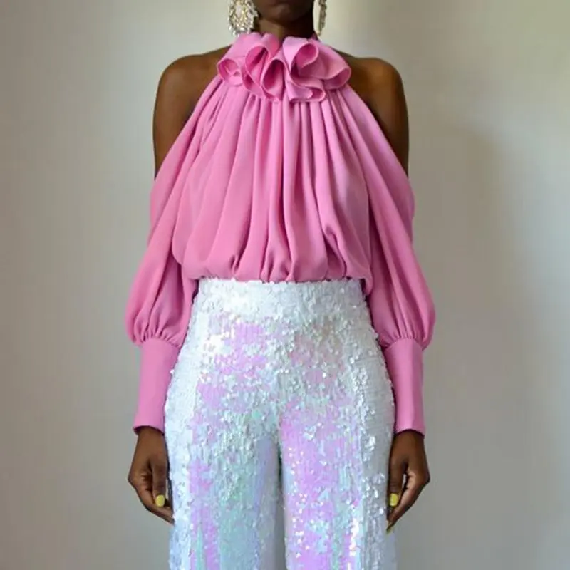 Винтажная розовая блузка с длинным рукавом, Женская Сексуальная плиссированная летняя блузка, однотонный топ с открытыми плечами, вечерняя рубашка с оборками