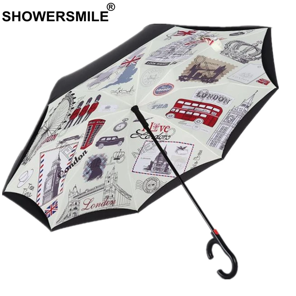 

SHOWERSMILE Automatic Reverse Umbrella British Style Windproof Inverted Umbrella Folding Double Layer Women Men Car Umbrella