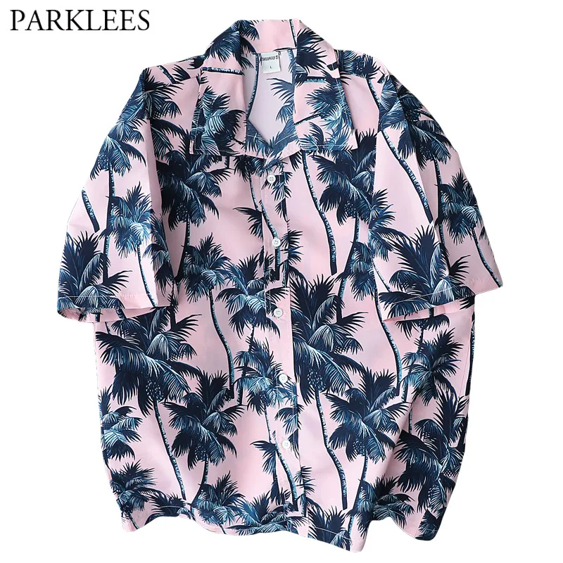 

Summer Pink Hawaiian Beach Shirt Men Palm Tree Print Tropical Floral Button Up Shirts Short Sleeve Holiday Party Camisas Top 5XL