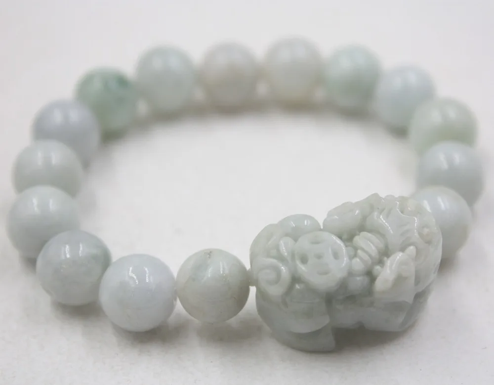 

Gift Natural Grade A Jade Green Jadeite 10mm Smooth Round Beads Pixiu Bracelet Link Women 16-17cmL