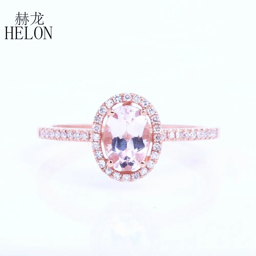

HELON Solid 14k Rose Gold 6x8mm Oval 1.2ct Morganite Ring Halo Pave 0.18ct Diamond Graceful Wedding Engagement Women Fine Ring