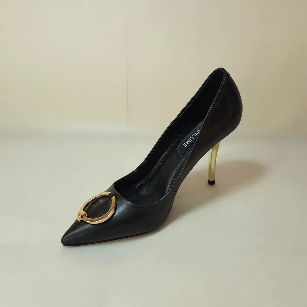 SANLUME/Новинка года; стильные весенние женские туфли-лодочки из натуральной кожи на высоком каблуке с острым носком; Цвет Черный; Свадебные Вечерние туфли на каблуке 10 см; золотой каблук; размер 40