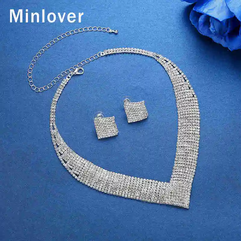 Minlover кристалл свадебный набор украшений для женщин прозрачное геометрическое ожерелье со стразами в комплекте для части Свадебные обручальные ювелирные изделия MTL475