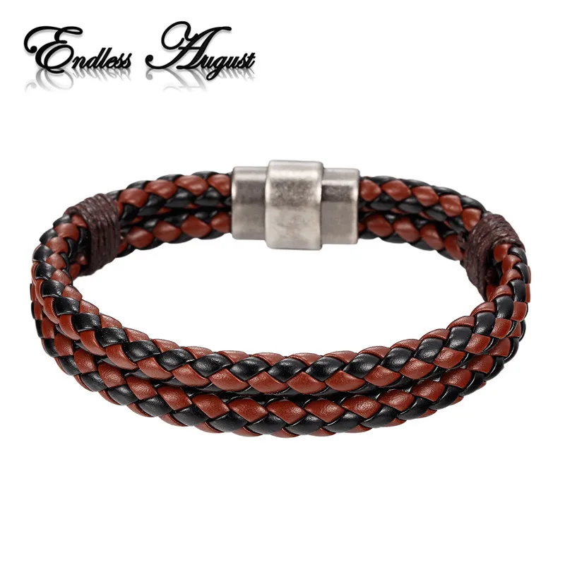 Endless August wholesale Trendy Jewelry Men Bracelet Black braid Leather Stainless Steel ...