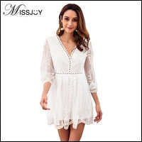 MISSJOY-White-Mesh-Lace-Mini-dress-Sexy-Women-Deep-V-Neck-3-4-Sleeve-Hollow-Out