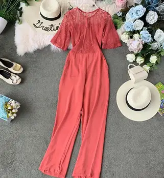 

Women's spring summer sexy lace patchwork jumpsuit female summer short sleevehigh waist wide leg pants overall TB1279