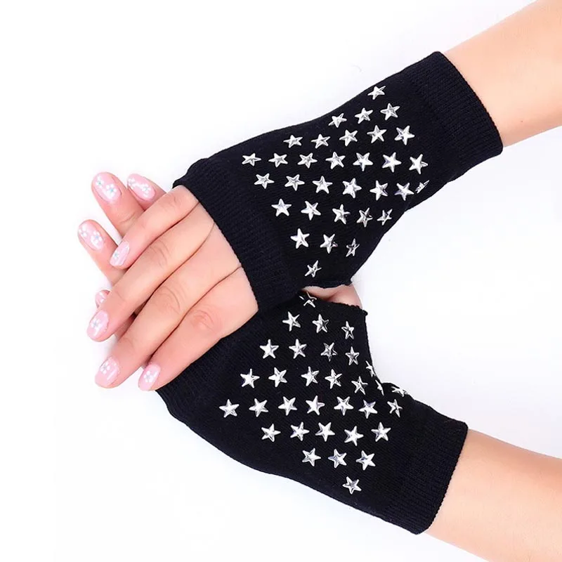 

Fashion Lady Rhinestone Fingerless Gloves Women Men Sparkling Knitted Girl Boy Black Wool Half Finger Computer Mitts Warm Glove
