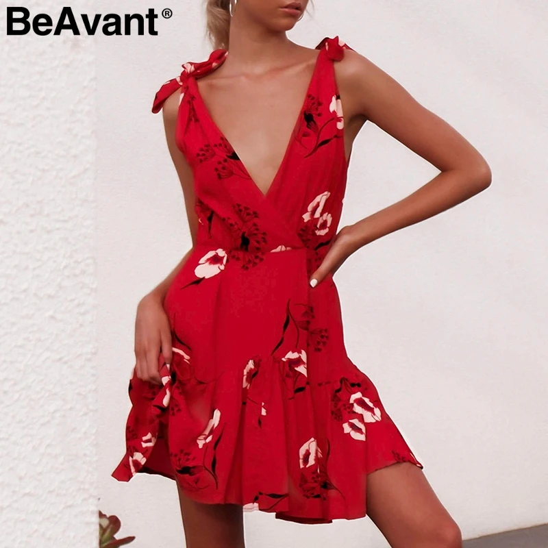 

BeAvant Floral print summer dress women Sexy v-neck lace up ruffle female sundress Bohemian casual backless ladies mini dresses