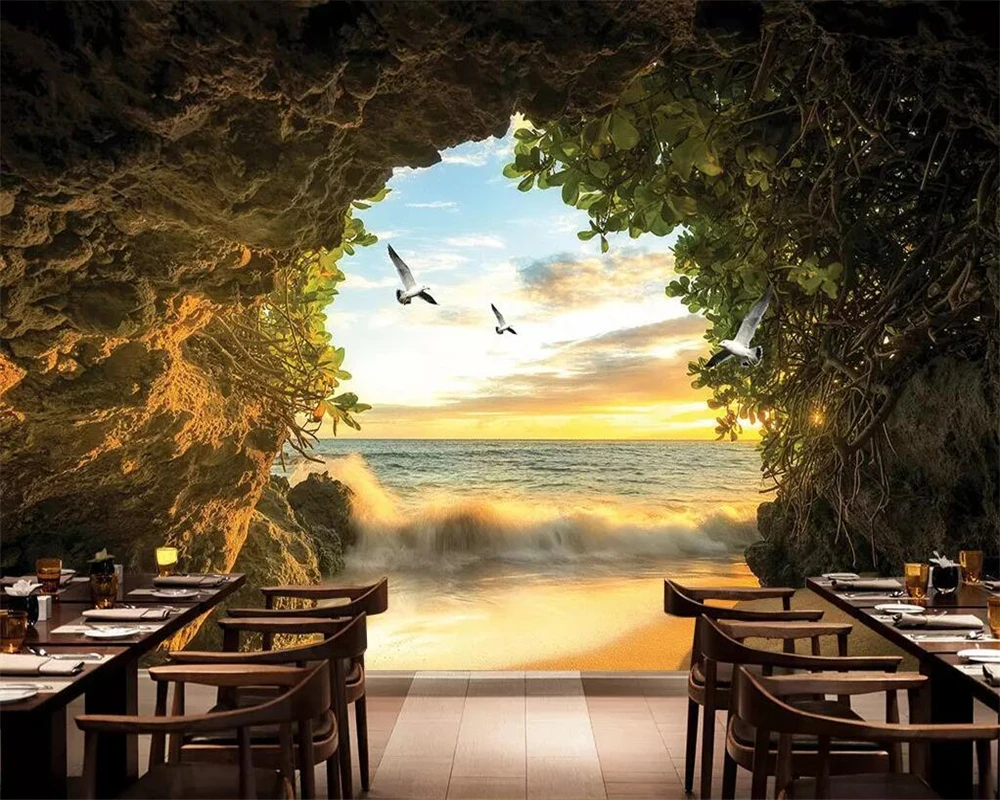 Beibehang Modern fashion cave outside the sea beach 3d photo wallpaper mural 3D living room bedroom background wall 3d wallpaper sense field – living outside 1 cd