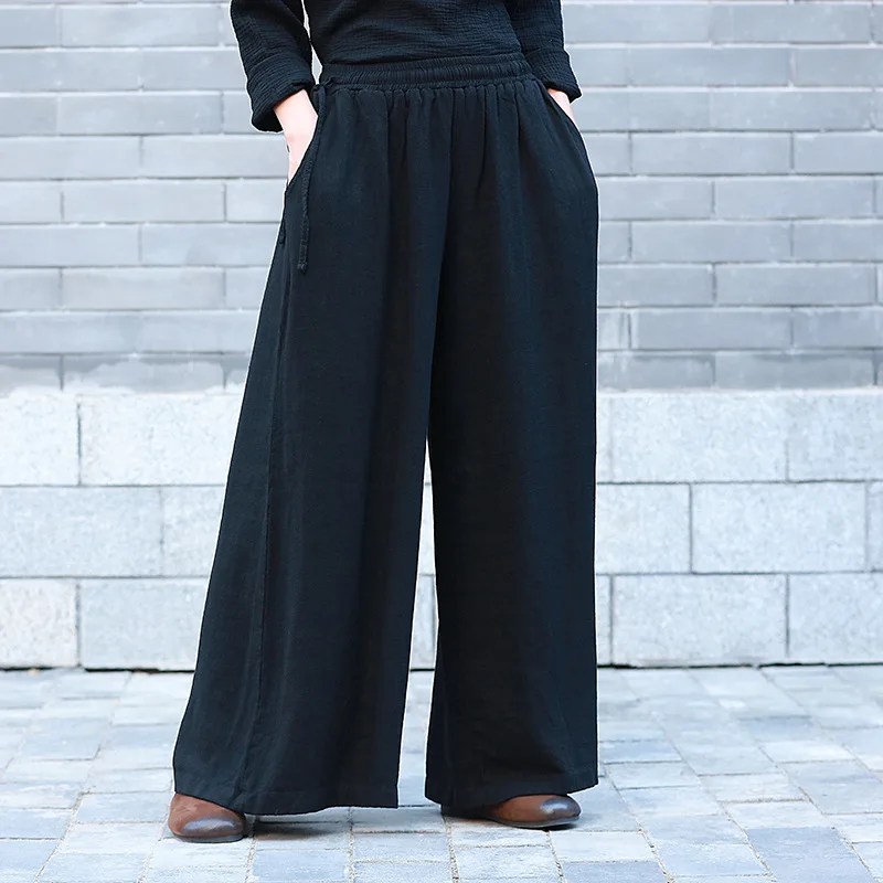 

Women Summer Loose Cotton Linen Wide Leg Pants Elastic Waist Ladies Solid color Pants 2019 Wide Leg Trousers Vintage Plus Size