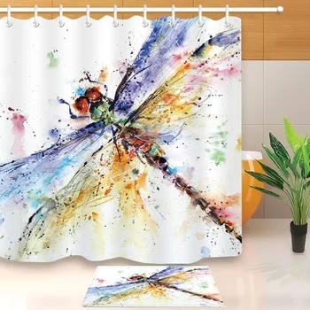 

LB Watercolor Colorful Dragonfly White Shower Curtain Liner With Mat Set Waterproof Nature Bathroom Fabric For Art Bathtub Decor