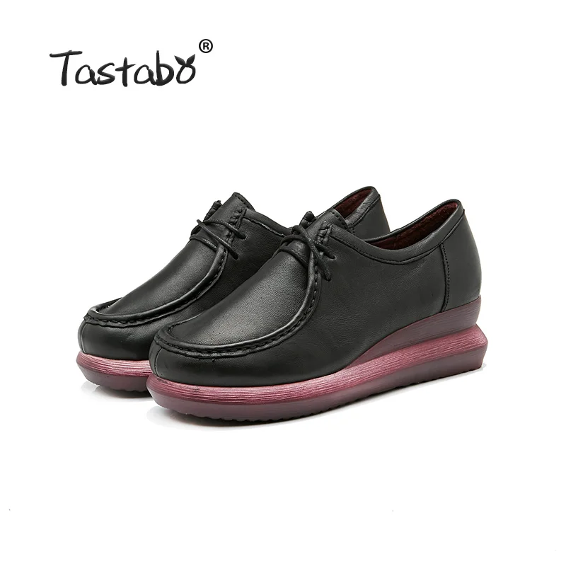 Tastabo/ г., женская кожаная обувь ручной работы в стиле ретро обувь из натуральной кожи повседневные туфли-лодочки обувь на танкетке - Цвет: Black