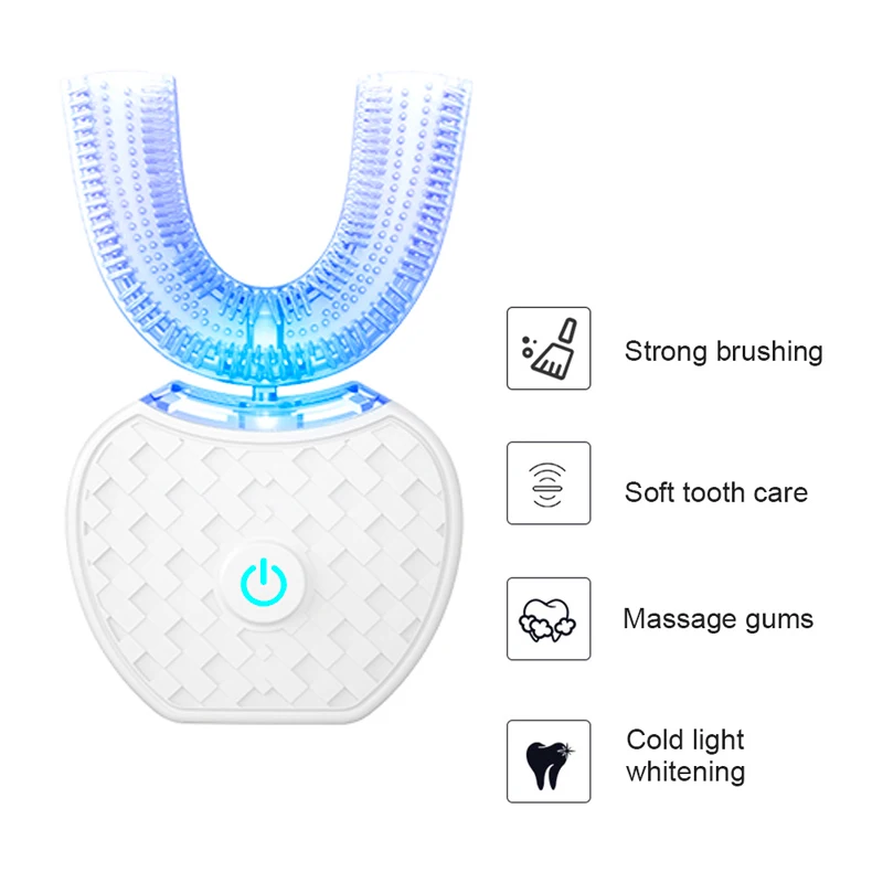 360 Degrees Smart U Shape Automatic Electric Toothbrush Sonic Tooth Brush 4 Modes USB Charging Teeth Whitening Blue Cold Light