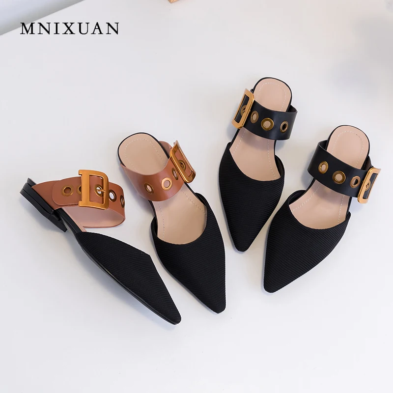 

MNIXUAN New arrival fashion women shoes flat mules 2019spring summer new fabric pointed toe casual buckle lady slippers big size